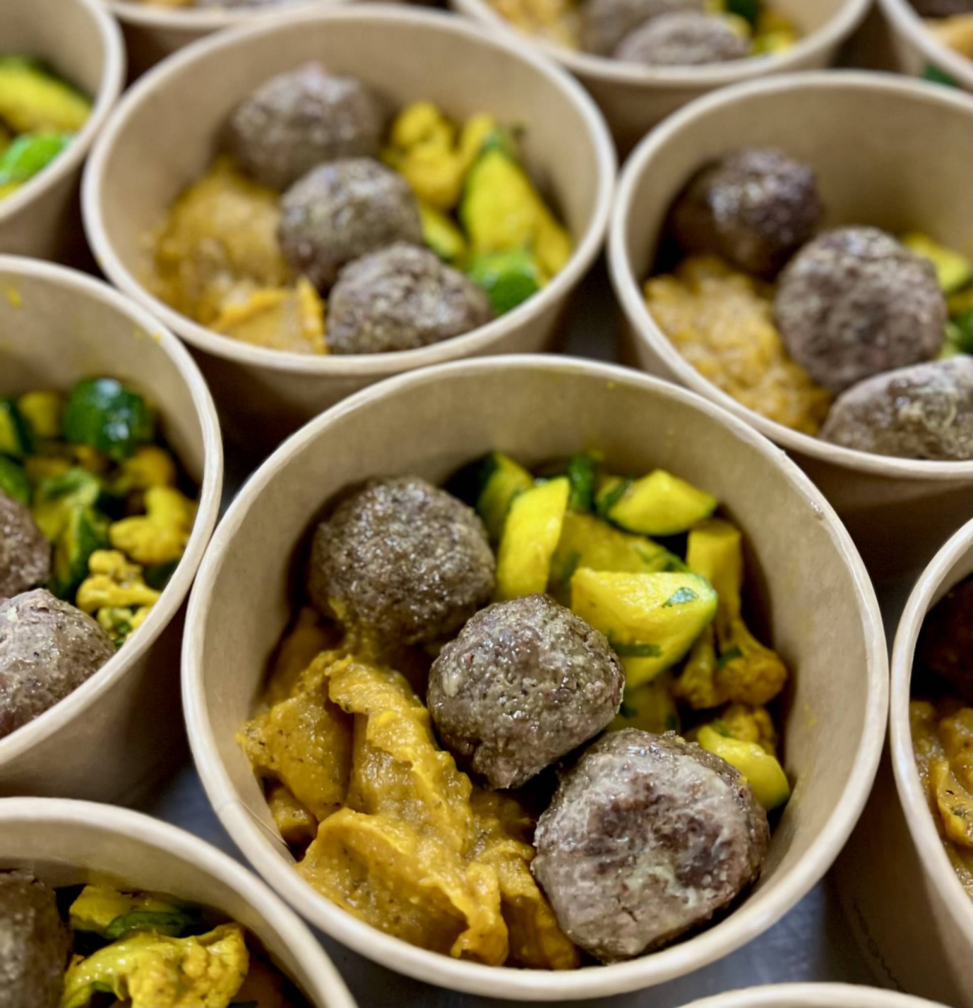 Curried Lamb Meatballs with Kabocha Sweet Potato Mash & Spiced Roasted Veggies