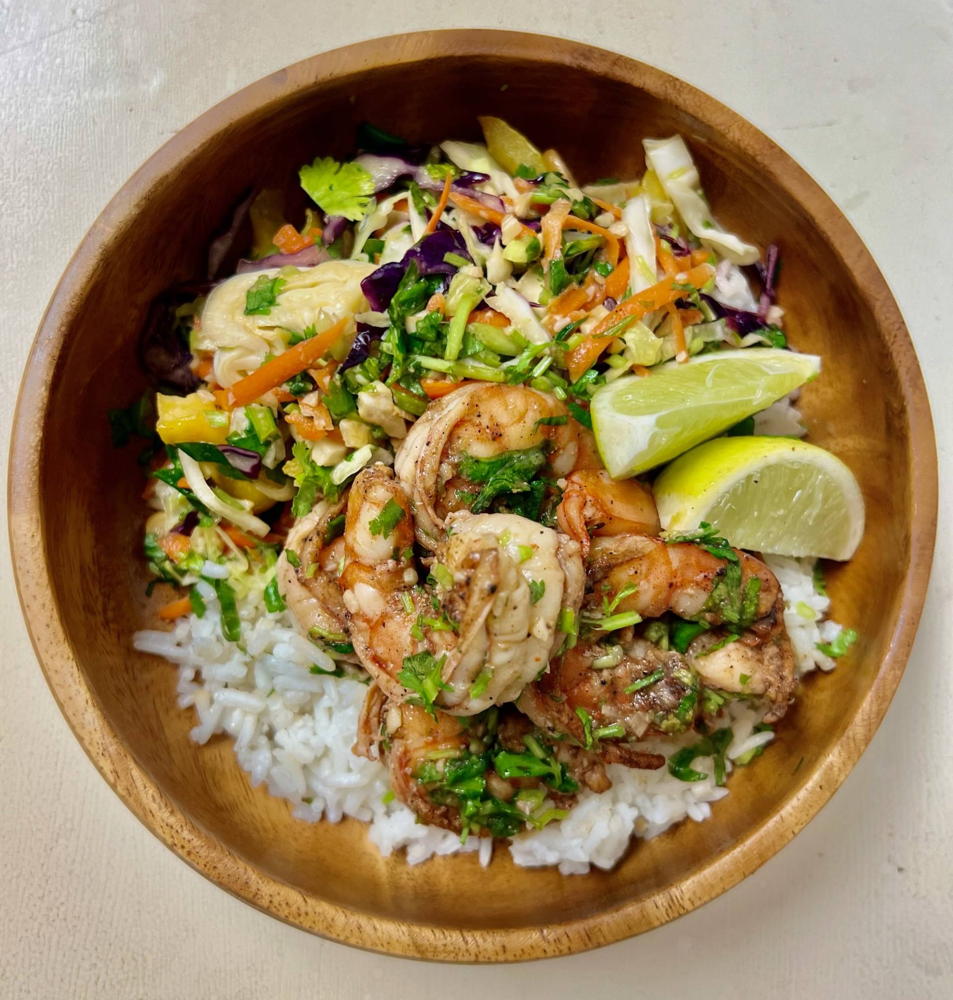 Cilantro Lime Shrimp with Coconut Rice & Sesame Ginger Chopped Salad