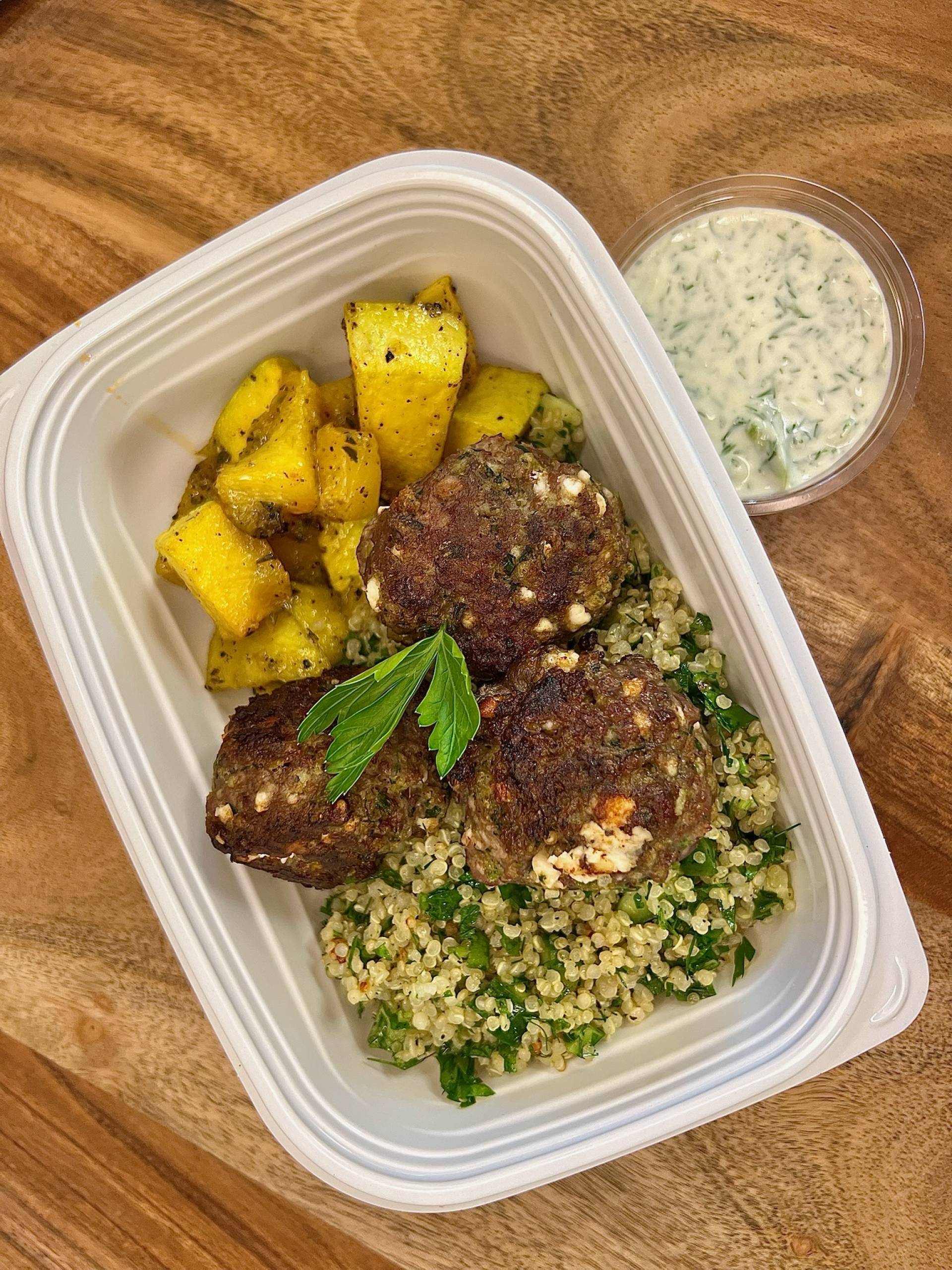 Greek Meatballs with Quinoa Tabbouleh & Roasted Kabocha