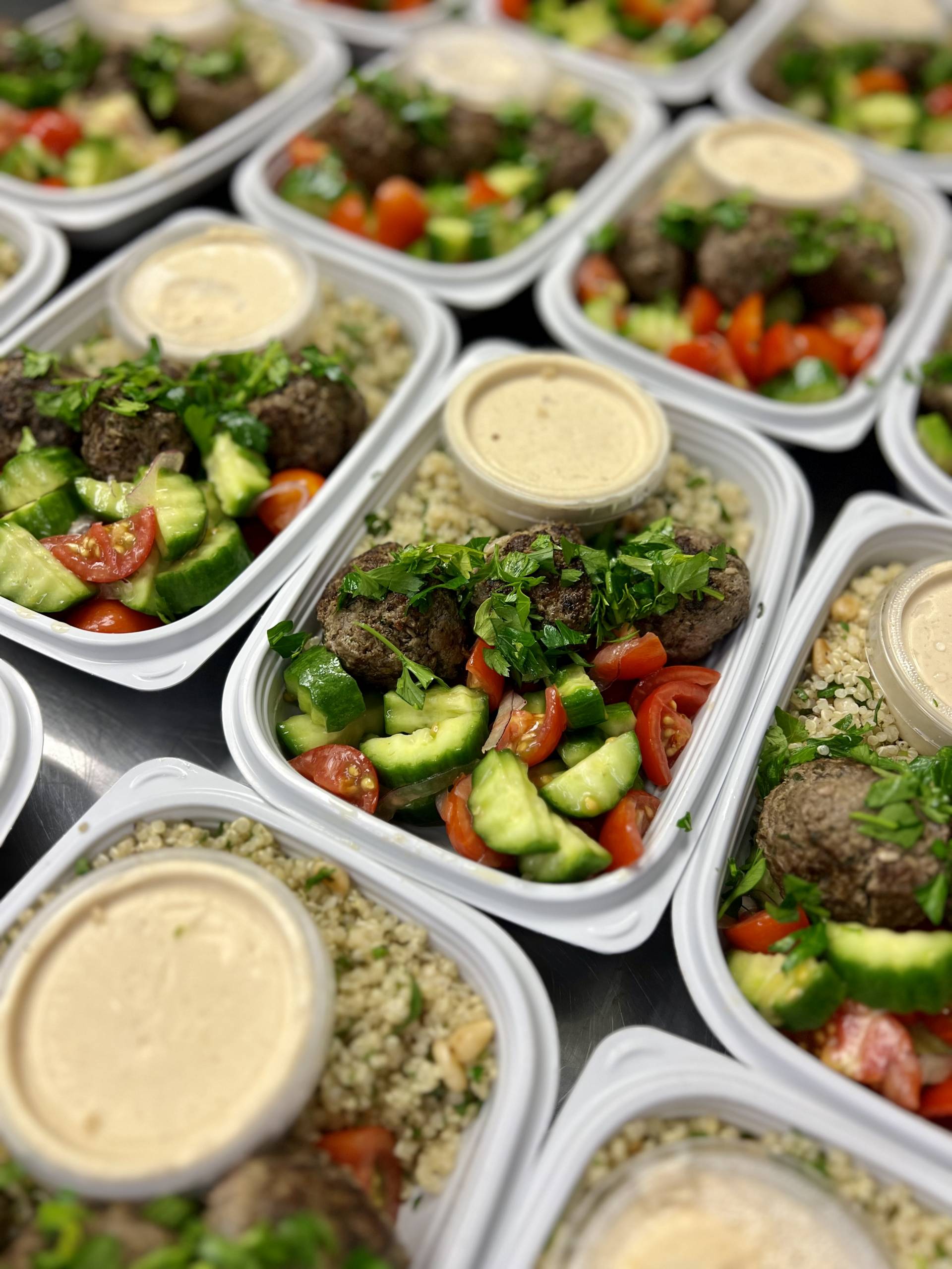 Local Grass Fed Beef Kofta, Herb Quinoa Pilaf, Hummus & Cucumber Salad