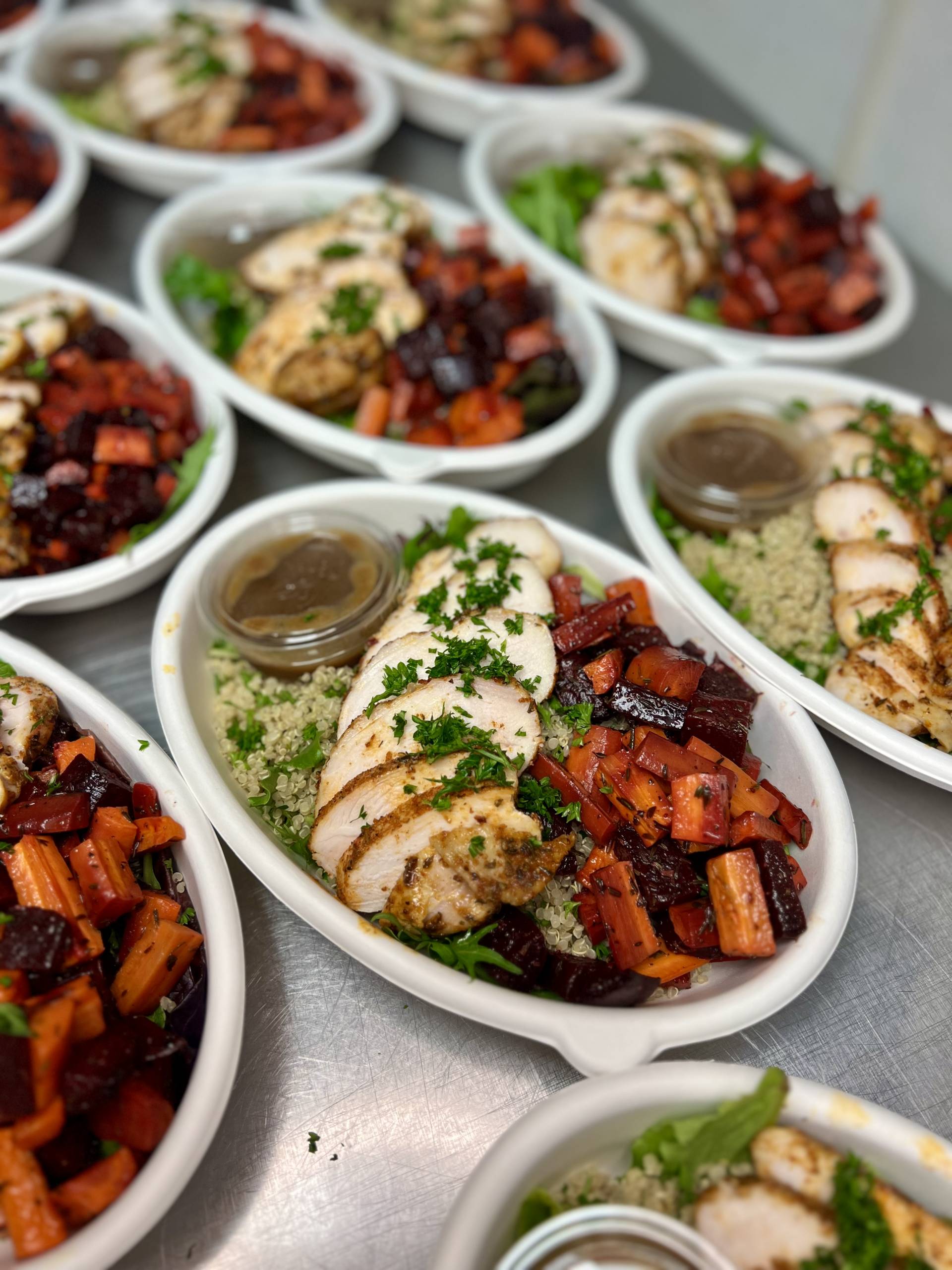 Herb Roasted Chicken Salad with Beets, Quinoa, Mixed Greens, and Balsamic Vinaigrette