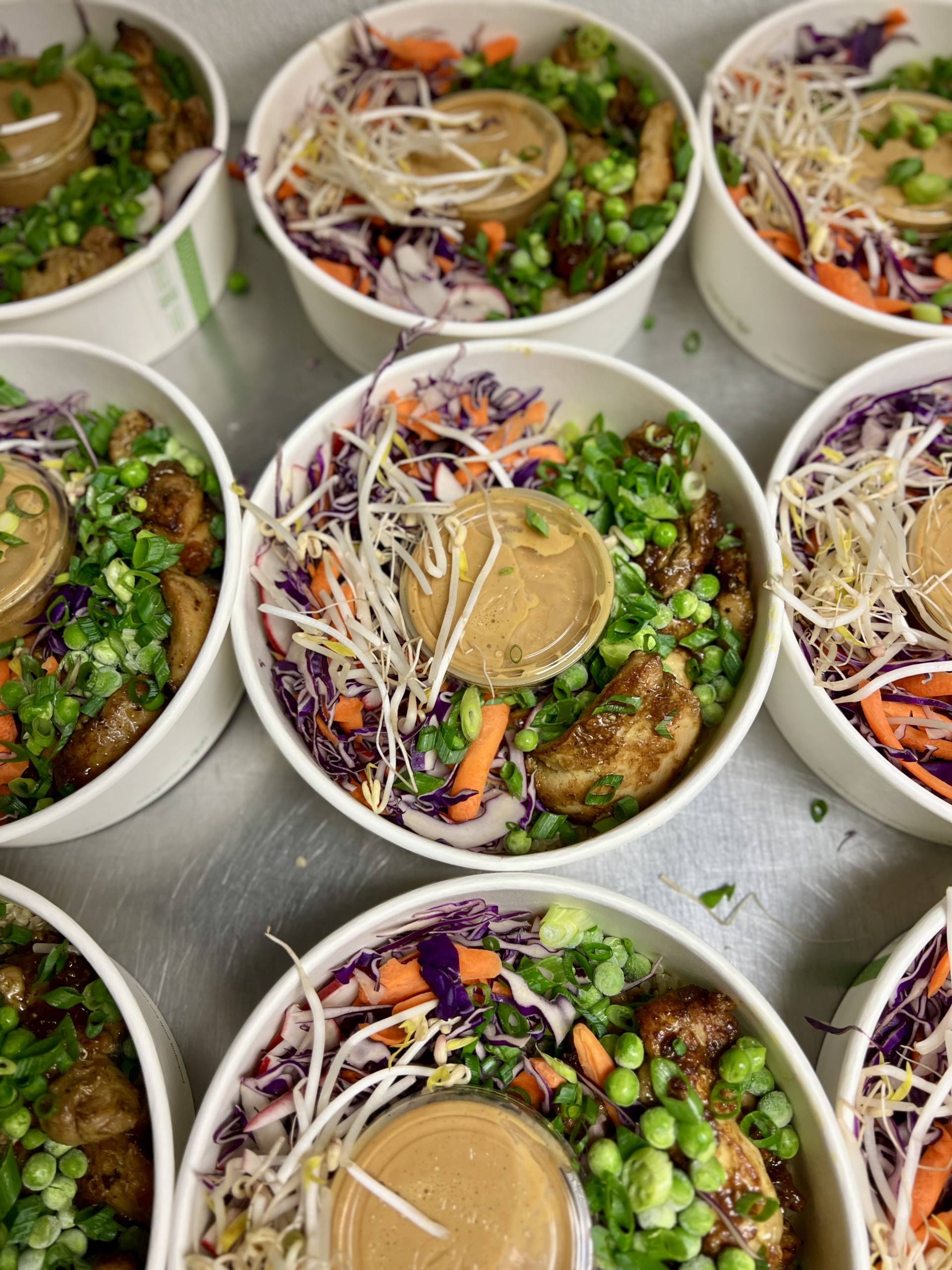 Buddha Bowl: Curried Chicken, Quinoa, Veggies, Peanut Dressing