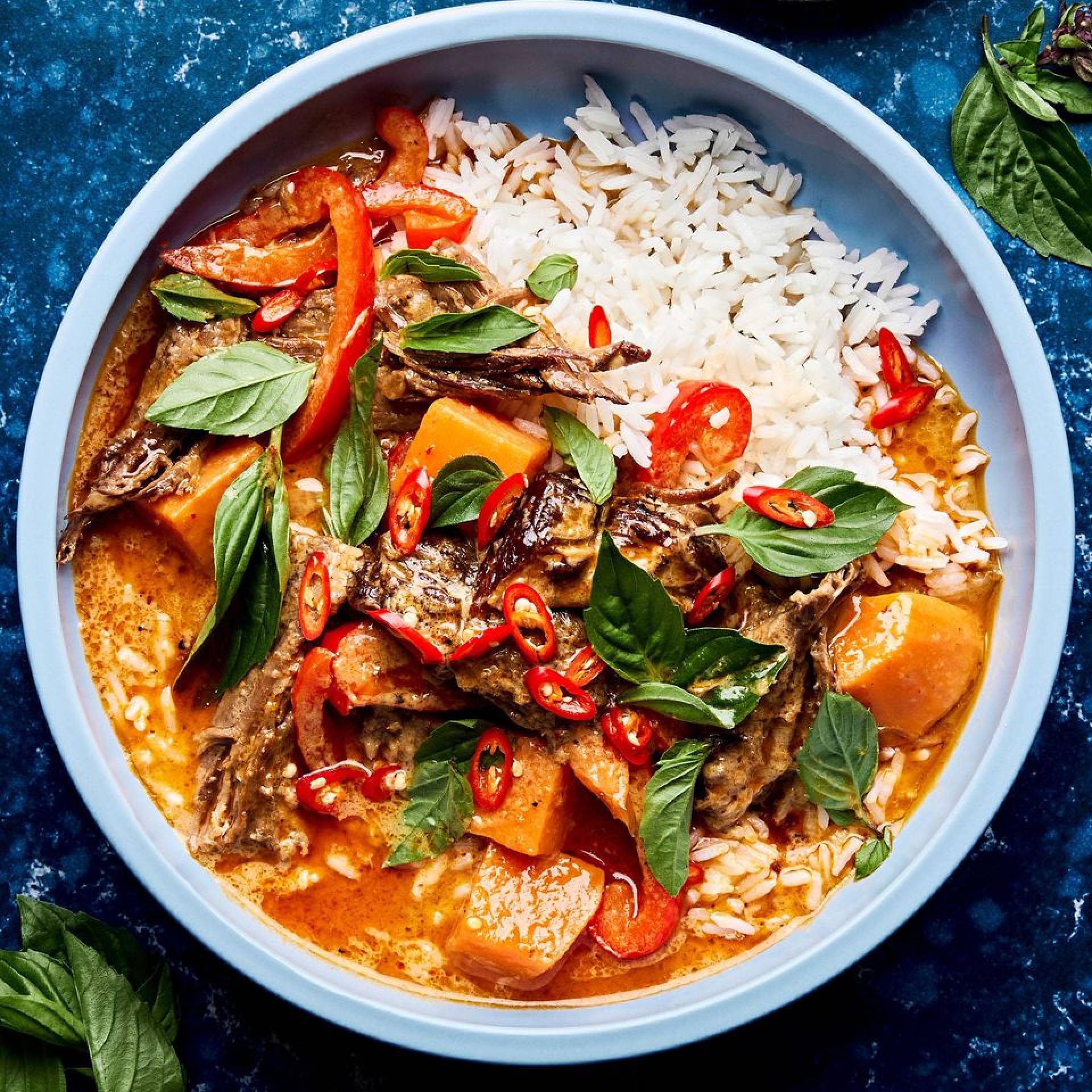 Thai Coconut Braised Beef with Kabocha Squash, Vegetables, and Rice