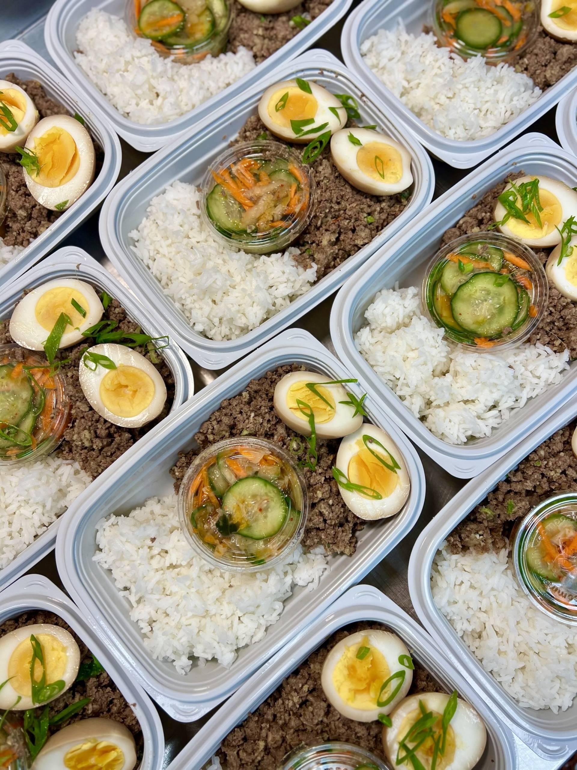 Beef Bibimbap Bowl with Jasmine Rice, Soft Boiled Egg, and Kimchi Cucumber