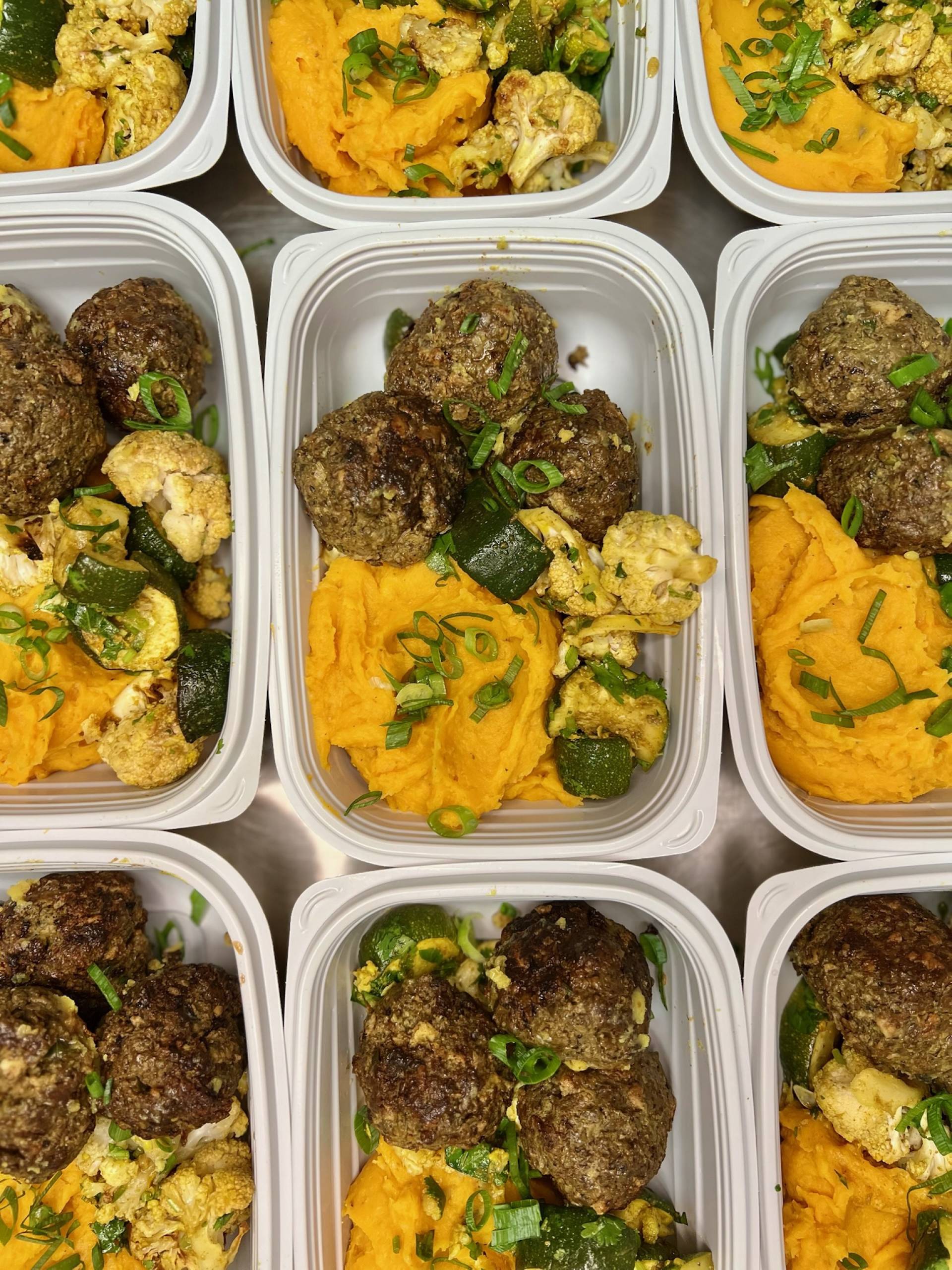 Curried Beef Meatballs with Kabocha Sweet Potato Mash & Spiced Roasted Veggies