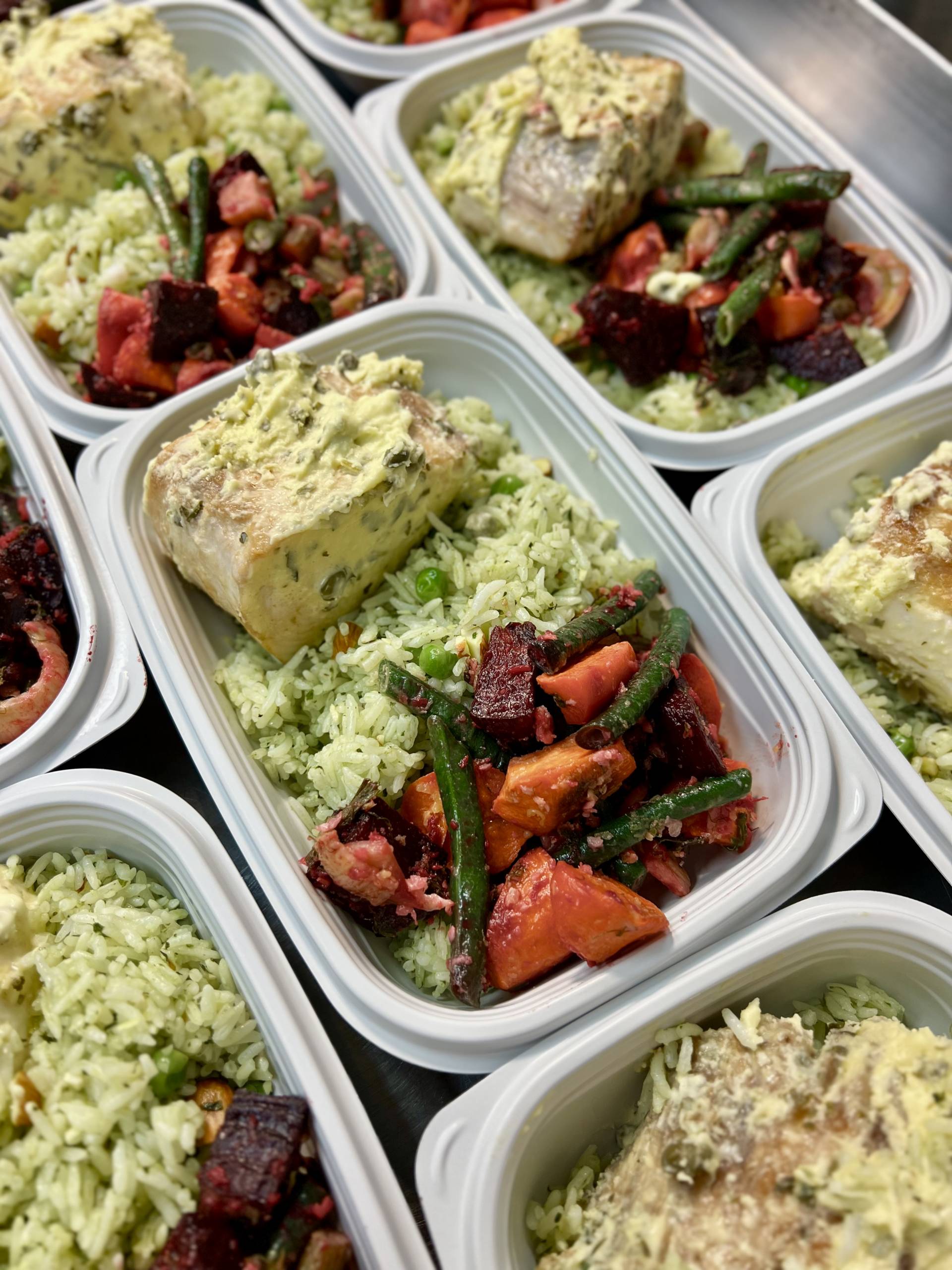 Fresh Catch in Lemon Caper Sauce with Rice Pilaf and Garlicky Roast Veggies