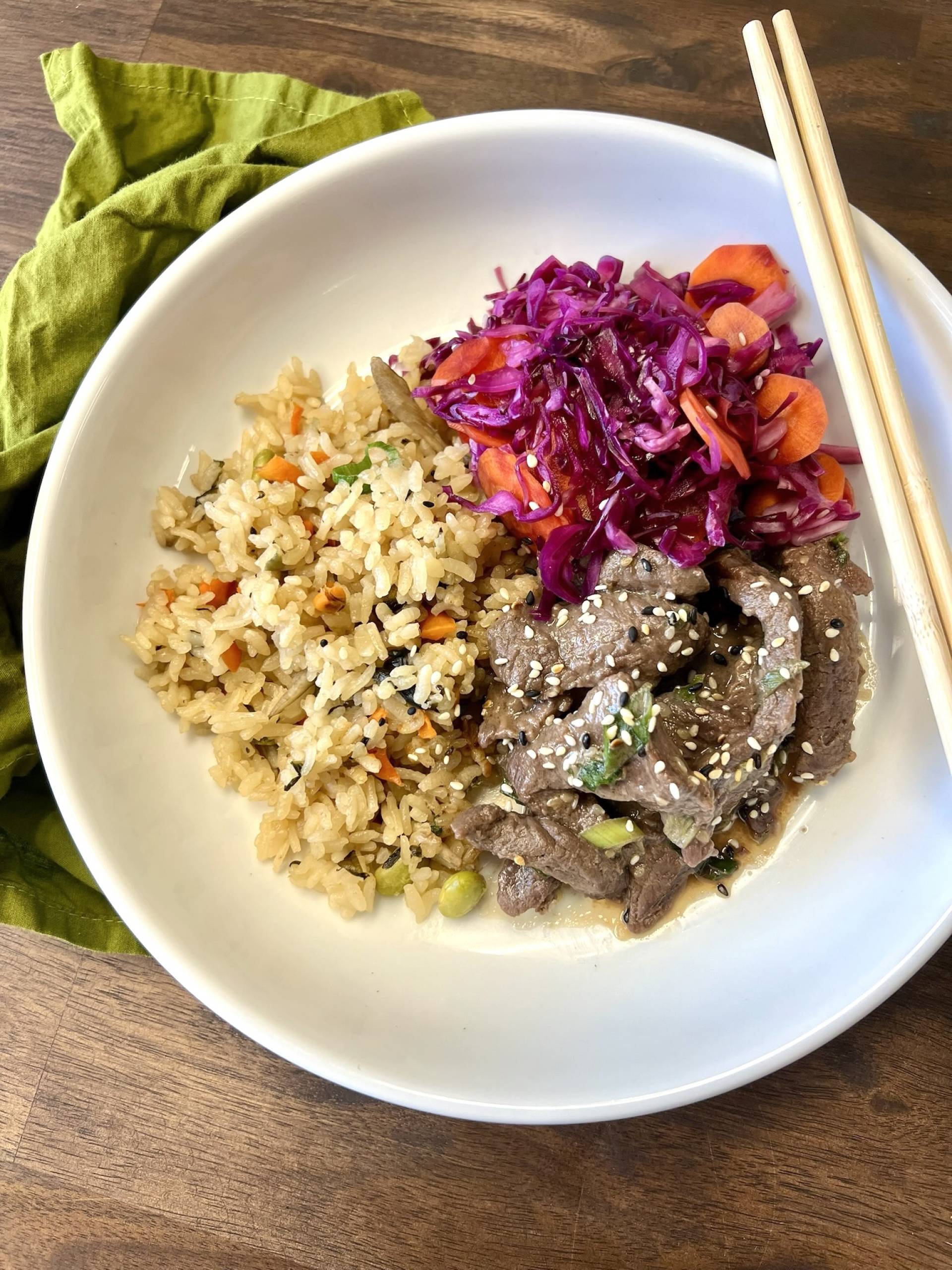 Japanese Inspired Koji Beef, Seasoned Rice, and Pickled Vegetable Salad