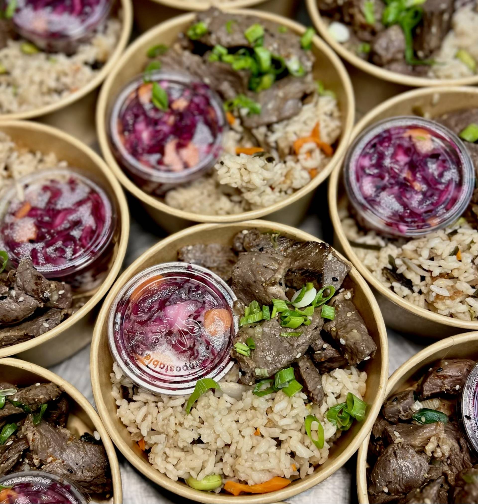 Japanese Inspired Koji Beef, Seasoned Rice, and Pickled Vegetable Salad
